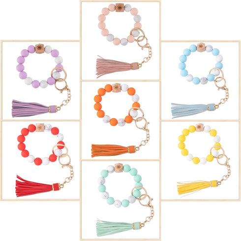 Silicone Keychain Beaded Wristlet Key Ring Bracelet,Beaded Keychain with Leather Tassel for Women…...