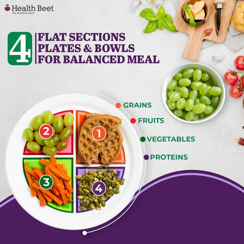 Health Beet MyPlate Portion Control Plate with Dairy Bowl - 4 Flat Sections for Fruit Grains Vegetable Proteins - Dishwasher & Microwave Safe Visu...