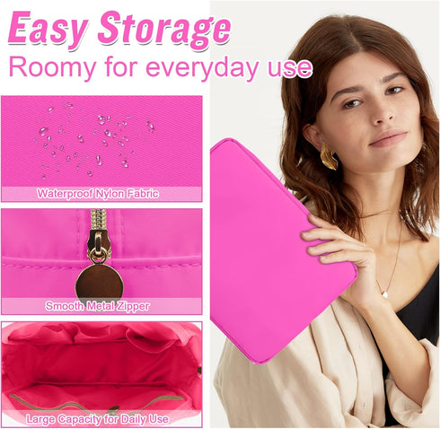 Nylon Large Makeup Bag Travel Cosmetic Bag Pouch, Preppy Big Makeup Bag Cute Cosmetic Zipper Pouch Purse, Waterproof Toiletry Bag Clutch Makeup Or...