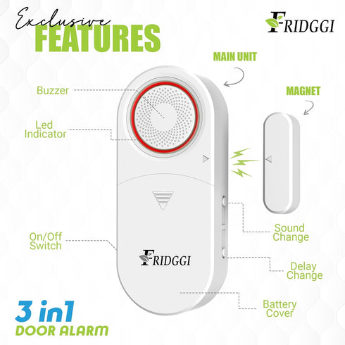 3in1 Alarm - Door Ajar Alarm, Door Chime with Delay, 0/5/10/30/60 Seconds, 2/5 Minutes, Close Door Reminder, 80 to 120 dB, Time Delay Alert When L...