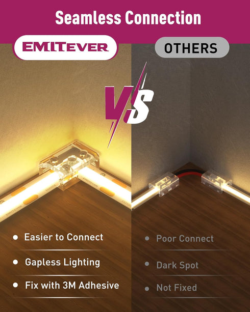 EMITEVER 8mm LED Strip Connectors 12pcs, Led Corner Connector T-Shaped Gapless Connection Solderless Transparent Tape Light Connectors for 2-Pin C...