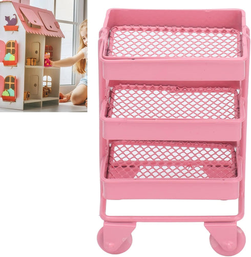 1:12 Miniature Dollhouse Handcart Mini Shopping Cart 3 Layers Storage Display Shelf with Wheels Kitchen Furniture Decoration(Pink)...