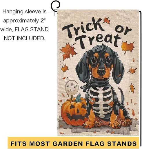 Halloween Garden Flags for Outside 12x18 Inch Double Sided Burlap, Trick or Treat Dachshund Garden Flag Halloween Dog Skeleton Decorations for Hom...