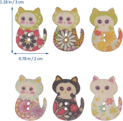 TENDYCOCO 50pcs Sewing Buttons Multicolored Cat Shaped 2 Holes Wood Printing Sewing Buttons (Mixed Color)...
