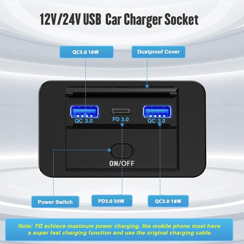 12V RV Type C USB Outlet with Power Switch 66W Dual QC3.0 USB &PD3.0 Quick Charge Socket 12V 24V Car Charger RV Switch Panel Car Charger with Wate...