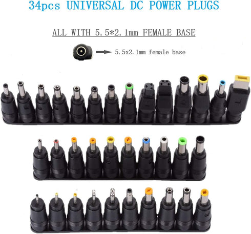 Universal 34pcs DC Connectors Plug Kit DC Power Adapter Connector, 5.5 x 2.1mm female Base...