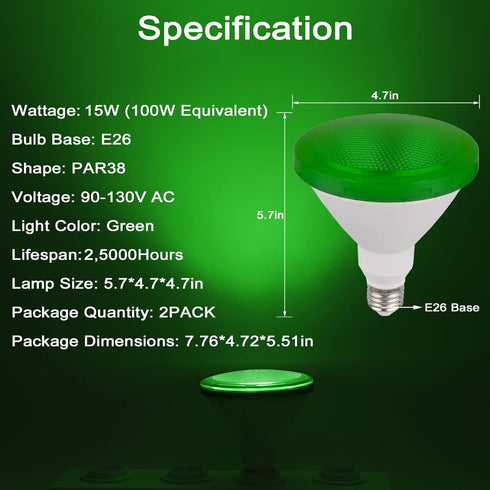 Par38 Green Light Bulb - 15W (100Watt Equivalent) - E26 Green Flood Lights 2 Pack, Party Decoration, Porch, Home Lighting, Holiday Lighting, Hallo...