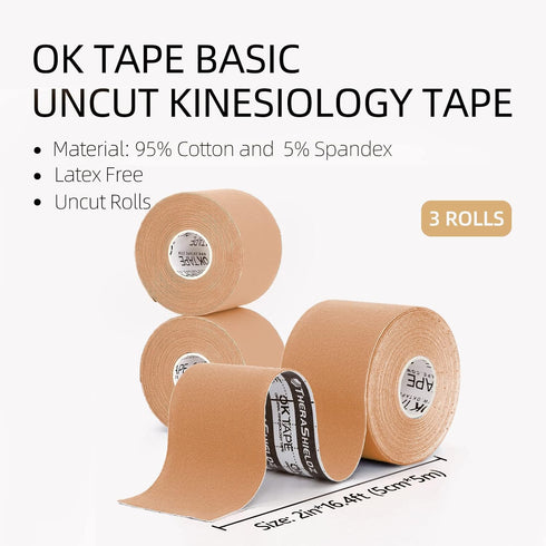 OK TAPE Basic Kinesiology Tape (3 Pack), Original Cotton Athletic Tape for Support Muscle Joint Knee, Sports Waterproof Tape Uncut Strips Latex Fr...