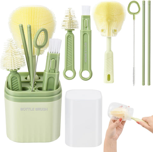 Portable Baby Bottle Brush&Travel Baby Bottle Drying Rack-Baby Bottle Cleaning Silicone Brush Kit, Silicone Nipple Cleaner Brush, Straw Brush, New...