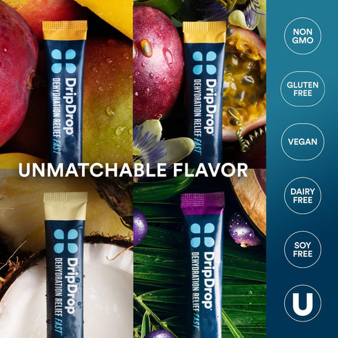 DripDrop Hydration - Tropical Variety Pack - Electrolyte Drink Mix Single Serve Hydration Powder Packets - Mango, Açaí, Passion Fruit, Pineapple C...