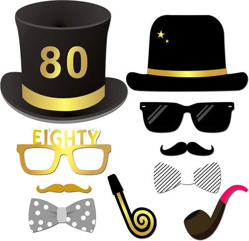 Konsait 80th Birthday Photo Booth Props(48Count), Funny 80 Party Photo Props Kit Black Gold Decor with Stick for Man Woman 80th Birthday Decoratio...