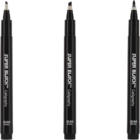 Creative Mark Calligraphy & Fineliner Pen Set of 3 Lettering & Calligraphy Drawing - Super Black, Permanent, Waterproof, & Acid-Free Chisel Nylon-...