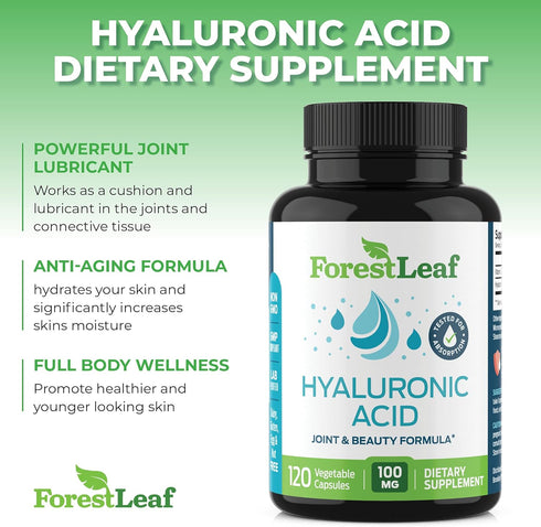 ForestLeaf Hyaluronic Acid Supplements | 100mg High Bioavailable Dietary Hyaluronic Acid Powder Capsules + 50mg VIT C | Supports Skin Hydration, J...