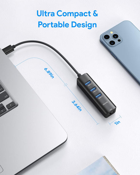USB to Ethernet Adapter, ABLEWE 3 Ports USB 3.0 Hub with RJ45 1Gbps Gigabit Ethernet Adapter, for MacBook Air 2017, iMac, XPS, Surface Pro, Linux,...