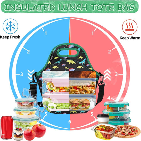 VASCHY Lunch Bag for Children, Neoprene Insulated Lunch Box Bag Tote with Detachable Adjustable Shoulder Strap in Cute Dinosaur...