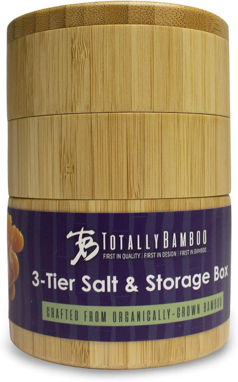 Totally Bamboo Triple Salt Cellar, 3 Tier Bamboo Kitchen Salt and Pepper Storage Box with Magnetic Swivel Lids...