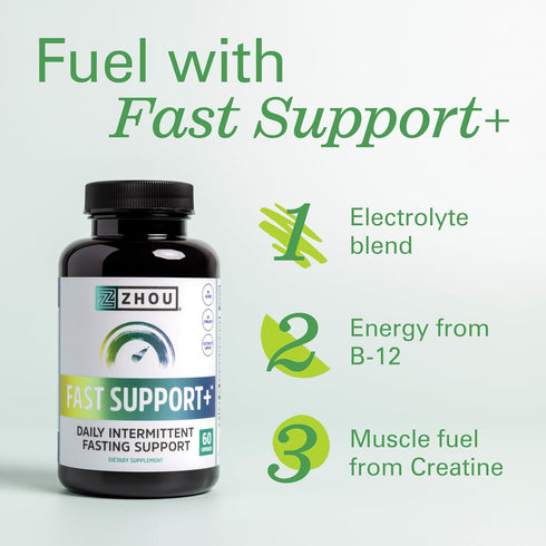 Zhou Fast Support+ Intermittent Fasting Support Supplement, Vitamin B12 for Energy, Electrolytes Magnesium, Chloride, Sodium, Potassium, Creatine ...