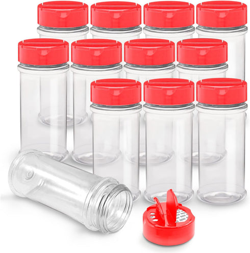RoyalHouse 12 Pack 5.5 Oz Plastic Spice Jars with Red Cap, Clear and Safe Plastic Bottle Containers with Shaker Lids for Storing Spice, Herbs and ...