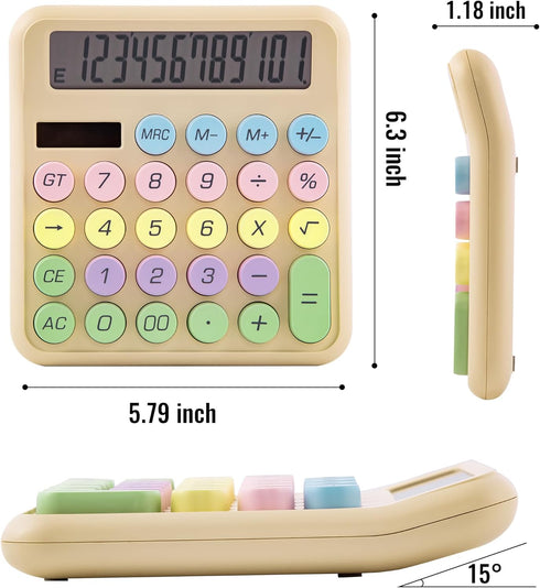 Calculators Desktop, Beige Mechanical Calculator, Cute Calculator 12 Digit Desk Basic Calculator Large Display, Dual Power Solar Battery, Office H...