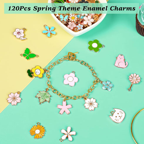 MARFOREVER 120 Pcs Spring Summer Floral Themed Charms, Flower Charms for Jewelry Making, Assorted Gold Enamel Charm Pendants for DIY Necklace Brac...
