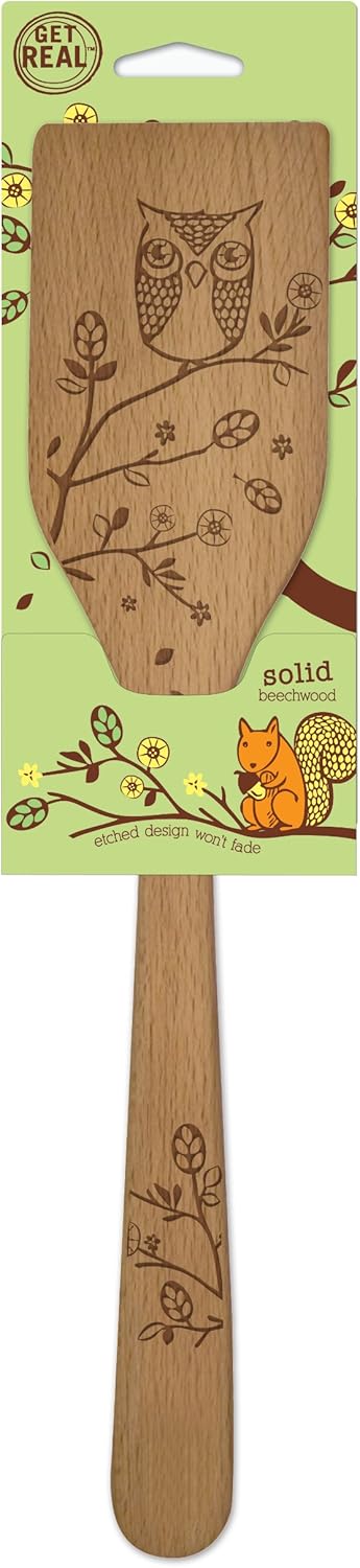 Talisman Designs Laser Etched Beechwood Turner Woodland Owl Design Pan Cooking Turner Cute & Functional Kitchen Tool Decorative Wooden Utensils,Tu...