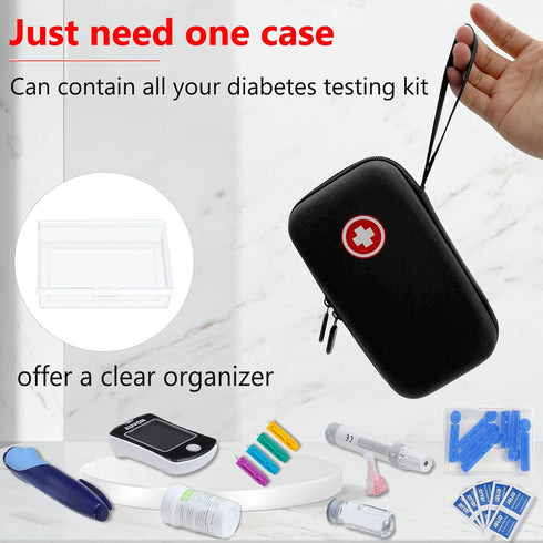 Diabetic Supplies Travel Case, Carrying Case Organizer for Diabetes Testing Kit, Blood Glucose Monitor Kit with Meter, Blood Sugar Test Strips, La...