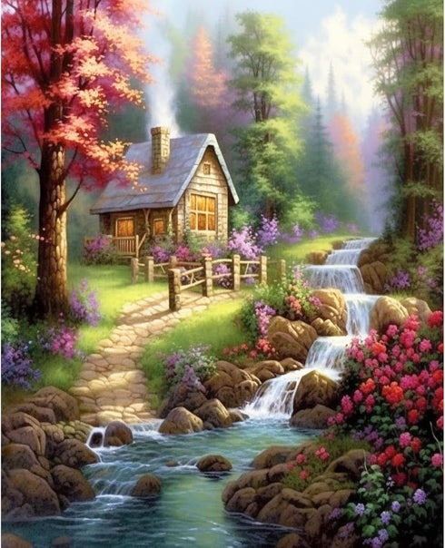 Tucocoo Wildflower DIY Paint by Number for Adults, Rustic House Digital Oil Painting Kits on Canvas with Brushes and Acrylic Pigment Forest Waterf...