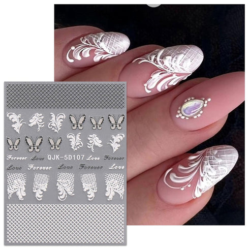 JMEOWIO 3D Embossed Black White Flower Nail Art Stickers Decals Self-Adhesive Pegatinas Uñas 5D Leaves Lace Nail Supplies Nail Art Design Decorati...