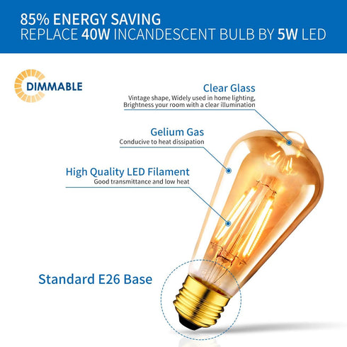 ANWIO Vintage Edison Light Bulb ST21 LED Filament Bulb 5W(40 Watt Equivalent) Dimmable 2500K (Amber Glow) Warm White E26 Medium Base, Amber Glass ...