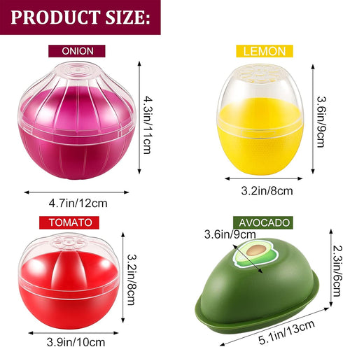 Vegetable and Fruit Storage Containers for Fridge, 4 Pcs BPA Free Reusable Food Saver - Tomato, Avocado, Onion, Lemon Keeper Holder - Refrigerator...