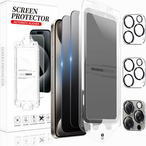 TQLGY 2+2 Packs for iPhone 15 Pro Max Privacy Screen Protector, Auto Dust Removal Installation, Anti-Spy Tempered Glass With Camera Lens Protector...