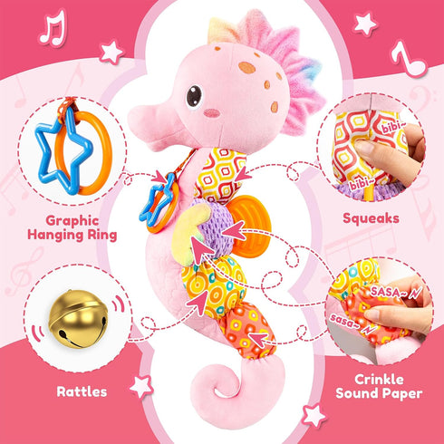 Baby Toys 0 to 12 Months, Musical Stuffed Animal Activity Soft Toys with Multi-Sensory Crinkle, Rattle and Textures,Infant Tummy Time Toys for New...