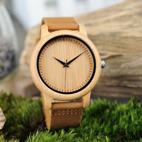 BOBO BIRD Men's Women's Bamboo Wooden Watch with Brown Cowhide Leather Strap Analog Quartz Casual Watches...