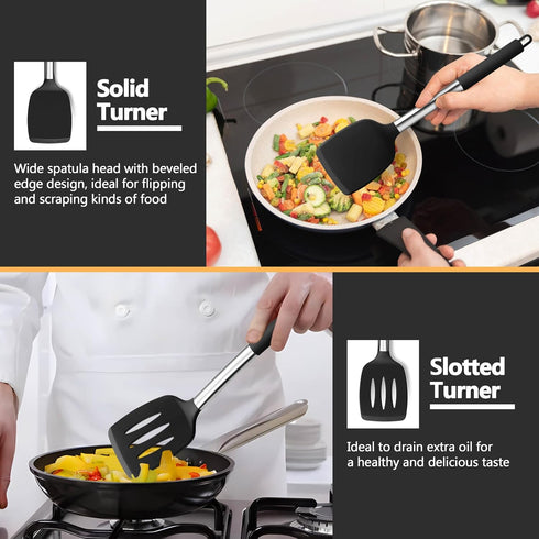P&P CHEF Black Kitchen Cooking Utensil Set of 4, Silicone Solid Spatulas Slotted Spoons Turners for Non-stick Cookware Flipping Mixing, Heat-proof...