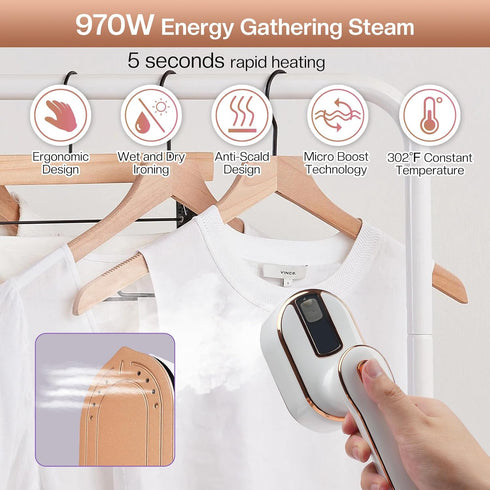 Mini Steam Iron, Travel Steamer for Clothes Portable Mini Iron, Portable Steamer for Dry and Wet Ironing, 970W Handheld Steamer 180° Rotatable Gar...