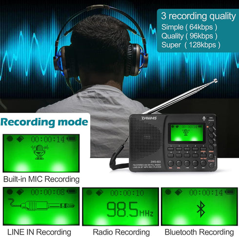 ZHIWHIS Portable Bluetooth Radio, FM AM Shortwave Radios with Sleep Timer and Preset Function, Rechargeable Digital Recorder, Stereo MP3 Player wi...
