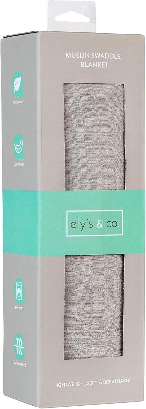 Ely's & Co. Cotton Muslin Swaddle Blanket 1-Pack for Baby Boy or Girl — 100% Cotton Muslin Extra-Large Swaddle Blankets (47” x 47”) Silver Grey...