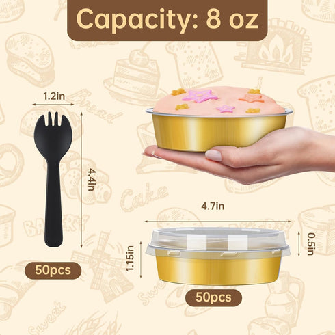 50 Pcs Muffin Pans With Lids, 4 Inch Disposable Cupcake Pans, 8oz Golden Aluminum Pie Pans, Round Oven Mini Cake Pan with Spoons Suit for Tart Pie...