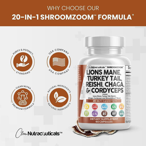 Clean Nutraceuticals Lions Mane 3000mg 20in1 Mushroom Supplement with Turkey Tail 2000mg Reishi 1000mg Cordyceps Chaga 1000mg Maitake Meshima Pori...