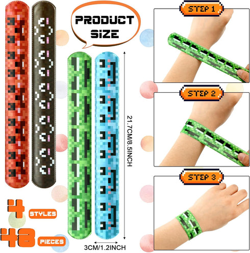 48 Pieces Pixel Slap Bracelet Pixelated Miner Party Pixelating Snap Bracelets Multi Colorful Party Supplies for Pixel Craft Themed Video Game Birt...