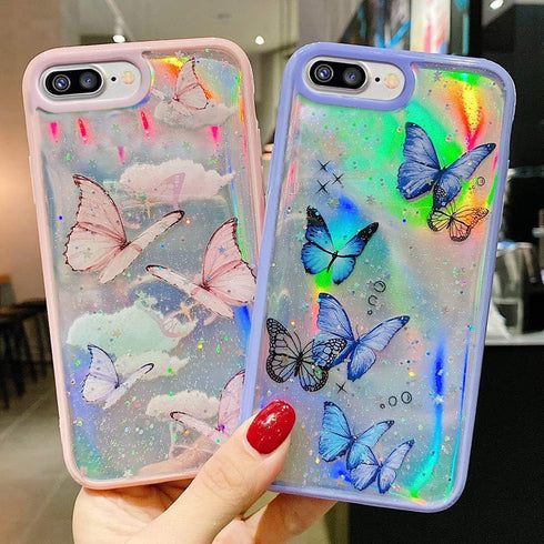 LCHULLE Girly Case for iPhone SE 2022/3rd/SE 2020/2nd, for iPhone 7/8 Case Cute Iridescent Butterfly Design Laser Bling Glitter for Girls Women So...