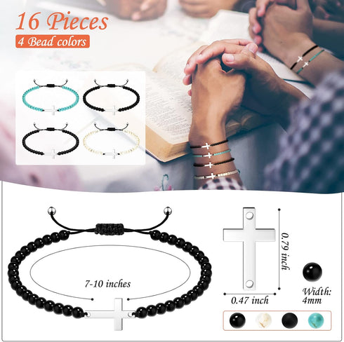 Fumete 16 Pcs Cross Bracelet, Cross Beads Bracelet for Women Men, Cross Yoga Healing Anxiety Bracelets with 4mm Natural Stone Beaded Adjustable Cr...