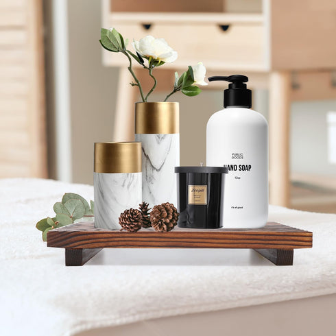 Renawe Farmhouse Bathroom Counter Tray Wood Display Pedesta Stand Kitchen Countertop Trays Decorative Wooden Riser Dish Soap Dispenser Holder for ...