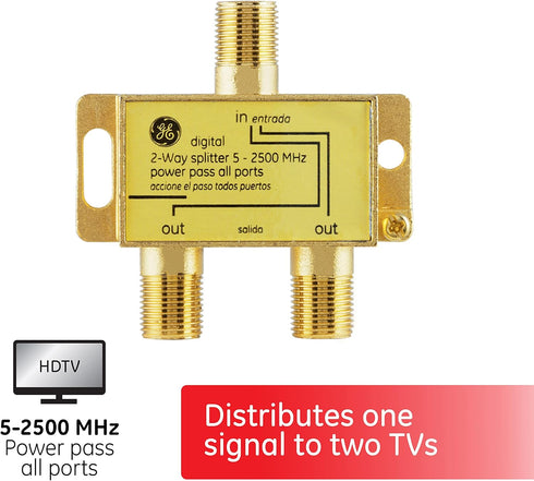 GE Digital 2-Way Coaxial Cable Splitter, 2.5 GHz 5-2500 MHz, RG6 Compatible, Works with HD TV, Satellite, High Speed Internet, Amplifier, Antenna,...
