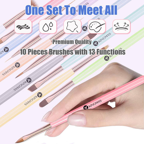 KINGMAS 10Pcs Nail Art Brushes, Nail Gel Polish Painting Brush Drawing Pen, Nail Liner Brush and Nail Dotting Pen for Gel Polish DIY Manicure Salo...