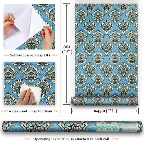Y9832 Damask Peel and Stick Wallpaper 17.7" x 9.8ft Light Blue Removable Contact Paper Self-Adhesive Damask Furniture Paper Drawer Shelf Liner Vin...