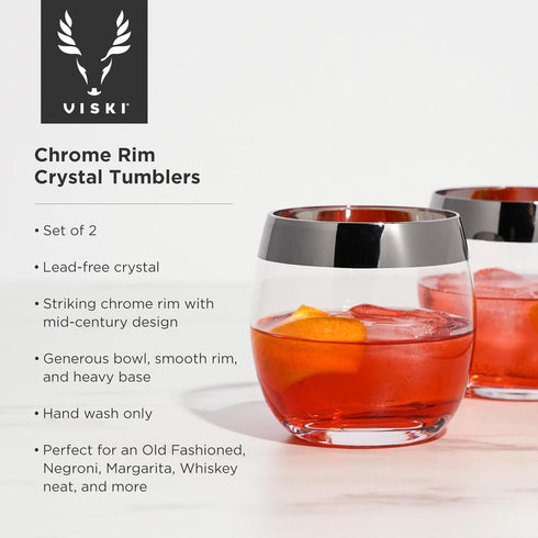 Viski Irving Chrome Rim Crystal Lowball Tumblers Set of 2 - Premium Crystal Clear Cocktail Glass Gold Rimmed Glassware, Stylish Lowball Whiskey Gl...