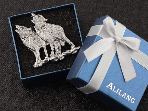 Alilang Silvery Tone Clear Rhinestones Emerald Green Eyes Howling Couple Wolves Animals Lapel Brooch Pin...