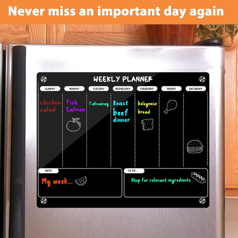 Weekly Dry Erase Board for Refrigerator, Magnetic Weekly Calendar for Fridge, Black Acrylic Note Board, Planner Schedule Board, Double-Sided Use...