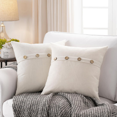 Meekio Set of 2 Ivory Square Pillow Covers 16 x 16 Farmhouse Boho Pillow Covers with Coconut Buttons for Sofa Couch Living Room Bedroom Farmhouse ...